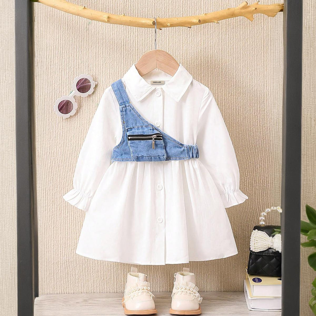 Girls White Full Sleeves Dress with Denim One shoulder Jacket Casual Dresses Blue 6-9 M 