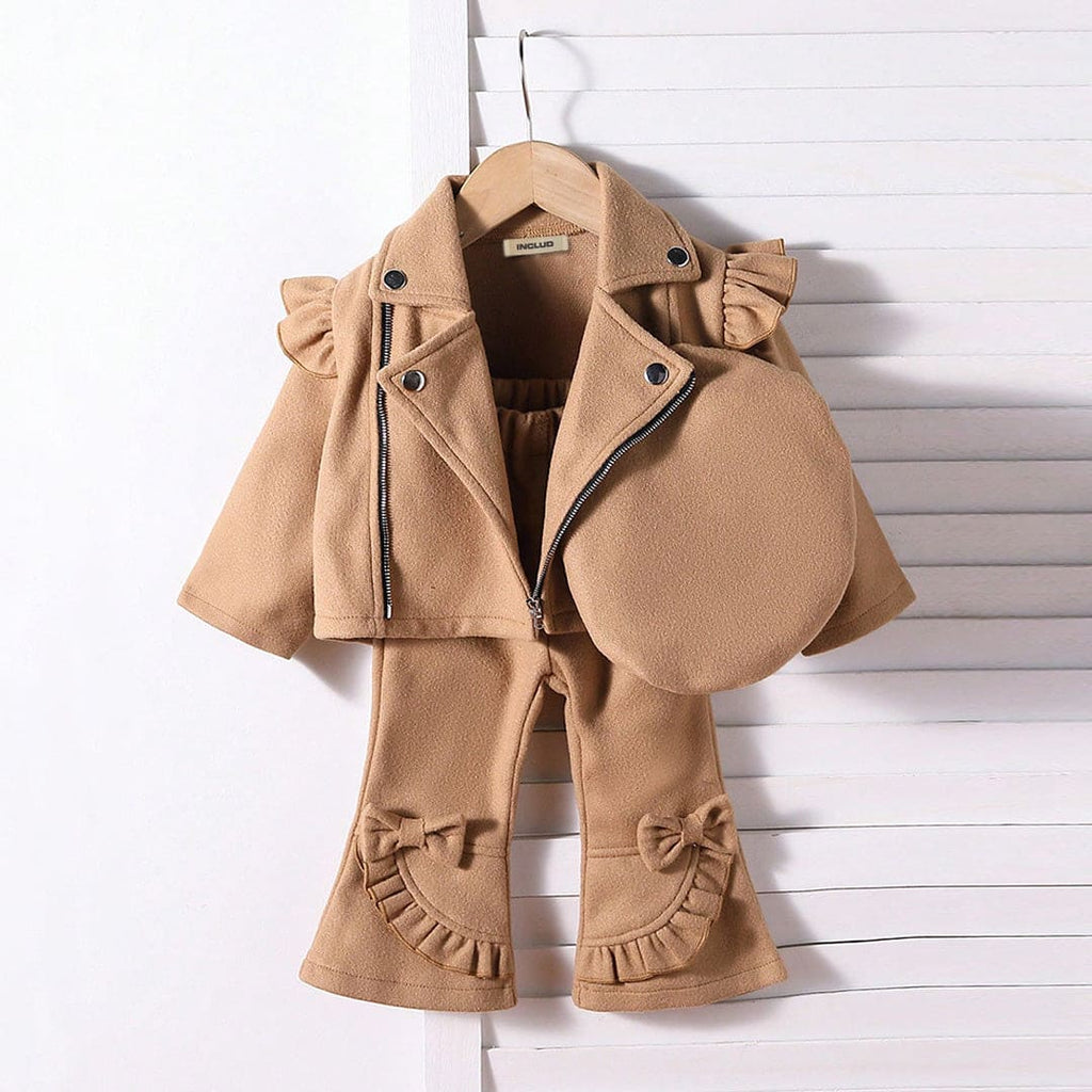 Girls Brown Full Sleeves Jacket with Flared Pants Sets Sets Brown 6-9 M 