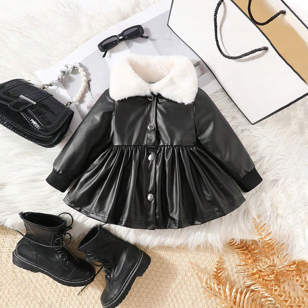 Girls Black Fleece Neck Faux Leather Fit & Flare Blazer Dress Casual Dresses Black 6-9 M 