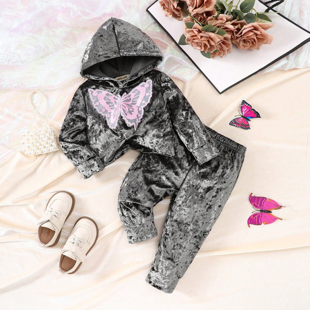 Girls Black Butterfly Hooded Sweatshirt with Trouser Set Sets Black 6-9 M 