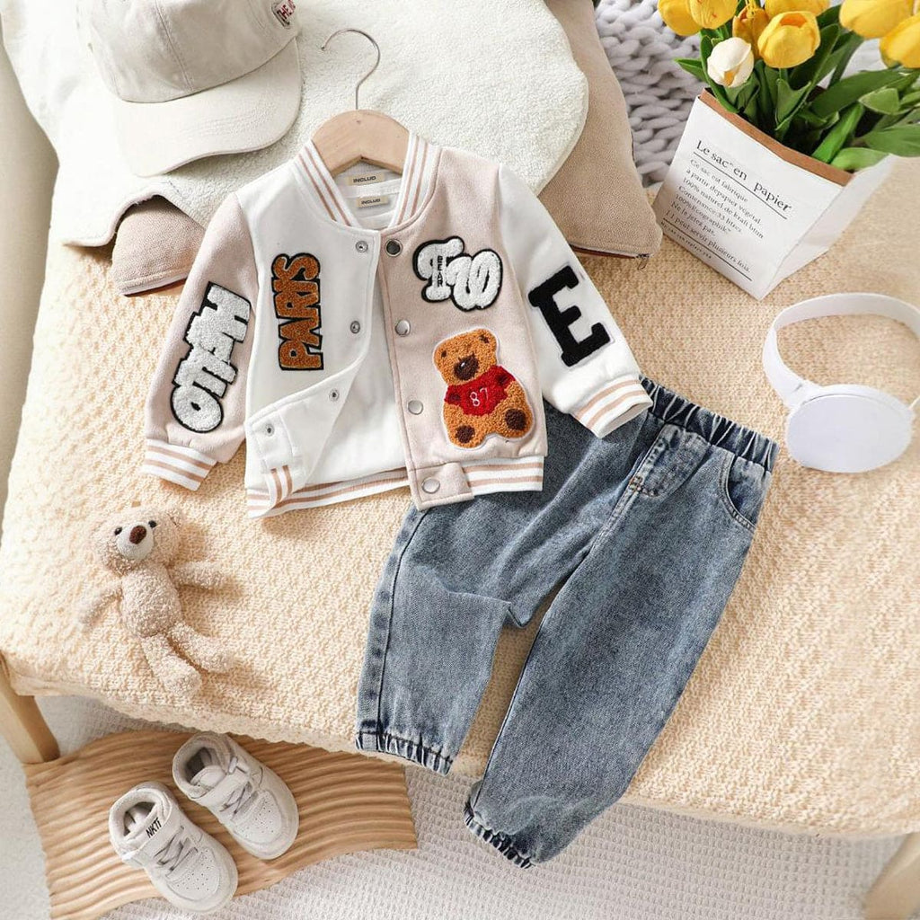 Boys White Patchwork Varsity Jacket with Denim Set Sets White 6-9 M 