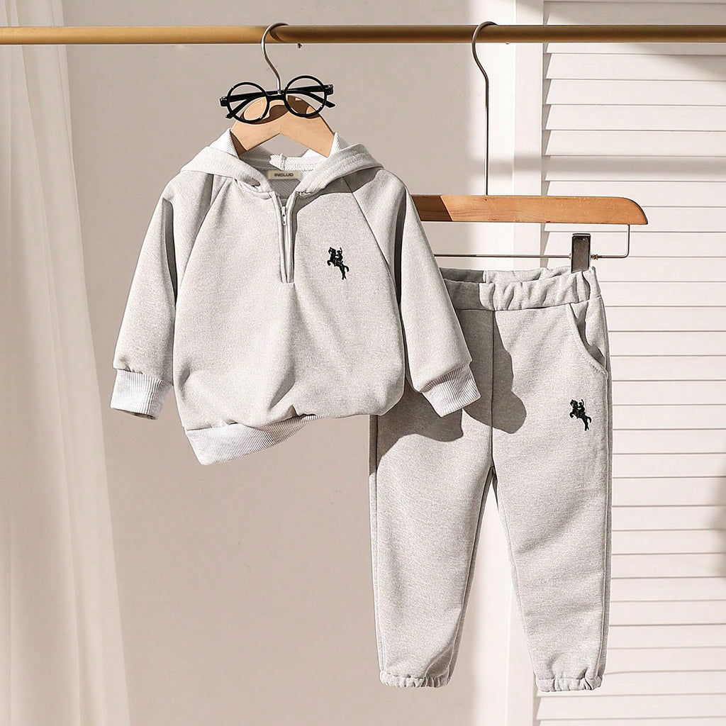 Boys Grey Full Sleeves Hooded Sweatshirt with Trouser Set Sets Grey 6-9 M 