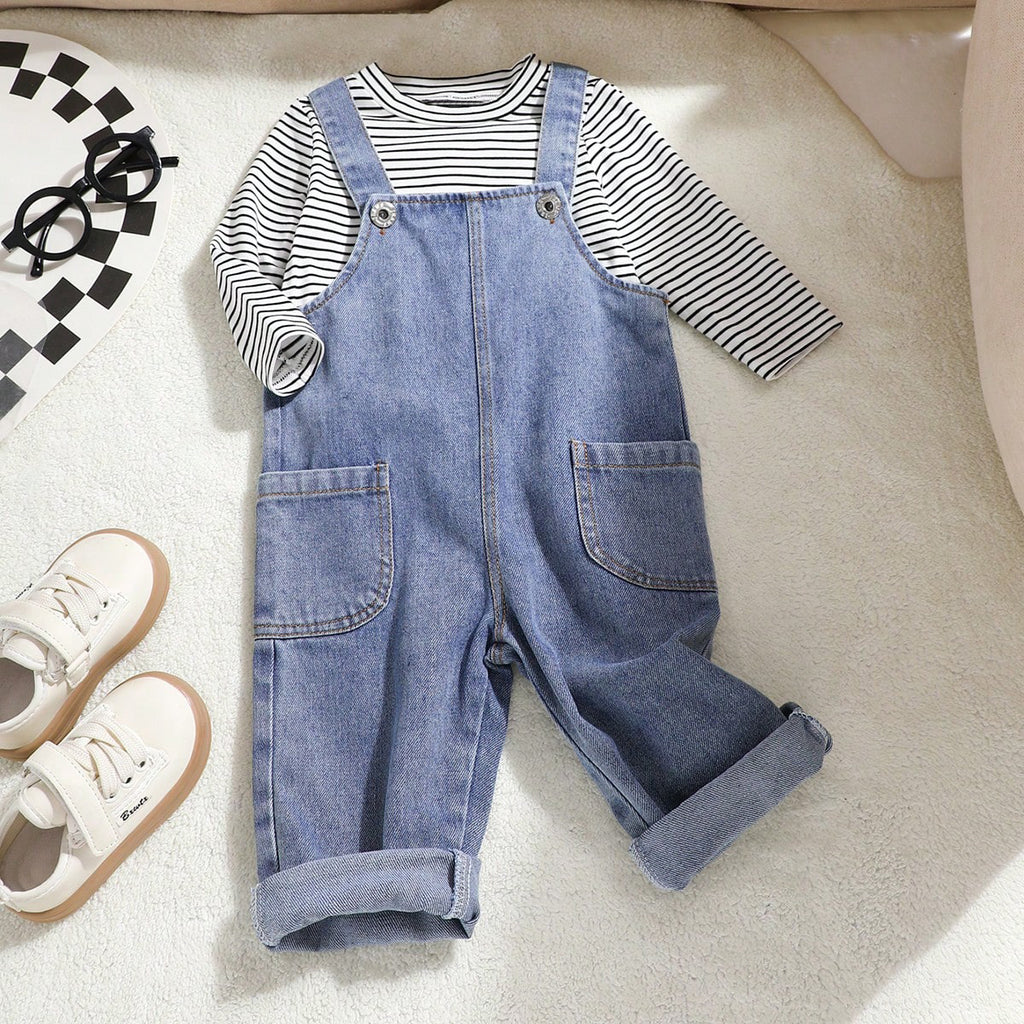 Boys Blue Striped Full Sleeves T-shirt with Dungaree Sets Sets Blue 6-9 M 