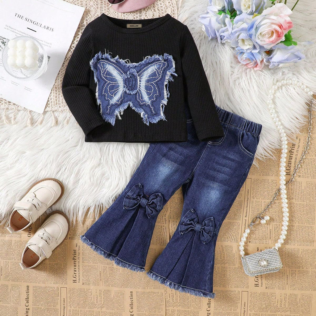 Girls Black Butterfly Patch Work Full Sleeves T-shirt with Bow Denim Set Sets Black 6-9 M 