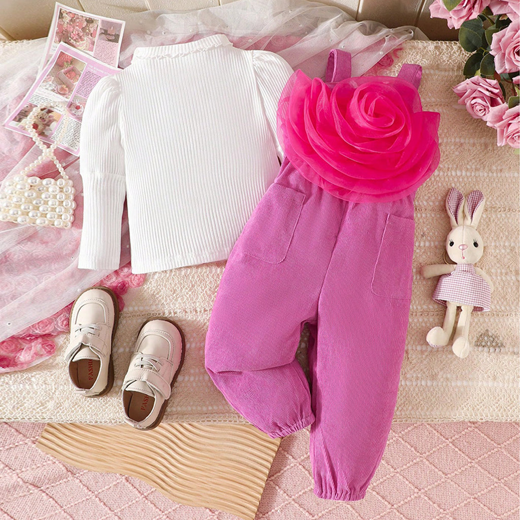 Girls Pink knitted Pullover with Rose Applique Dungaree Sets Sets Purple 6-9 M 