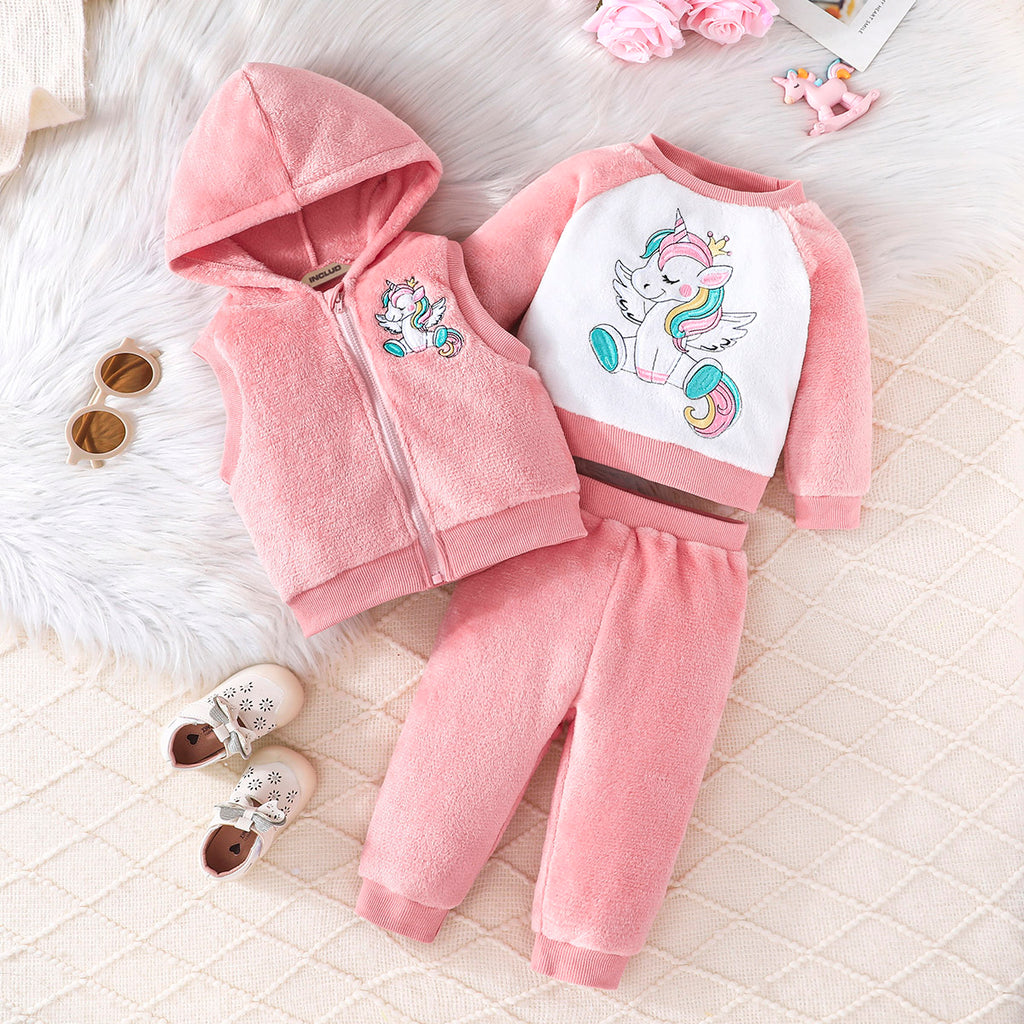 Girls Pink Plush Patchwork Sweatshirt with Sweatpants & Sleeveless Hooded Jacket Sets Pink 6-9 M 