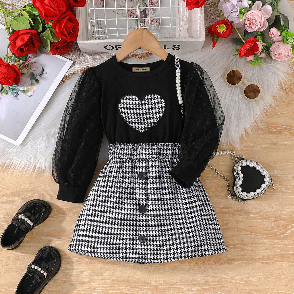 Girls Black Full Sleeves Top with Houndstooth A-line Skirt Set Sets Black 4-5 Y 