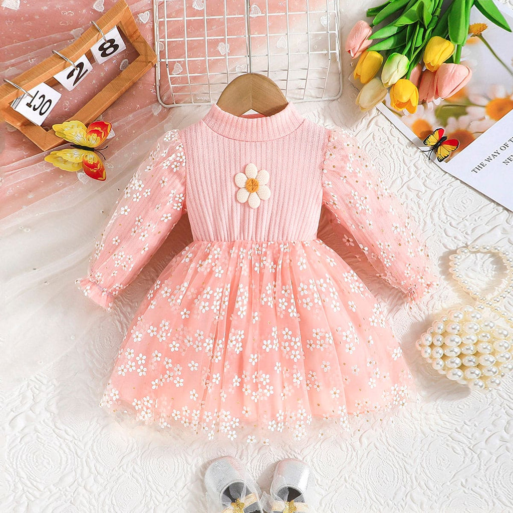 Girls Pink Long Sleeve High Neck Floral Printed Dress Casual Dresses Pink 6-9 M 