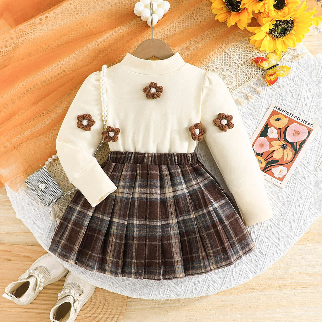 Girls Off-White 3D Flower Top with Plaid Skirt Set Sets Apricot 4-5 Y 