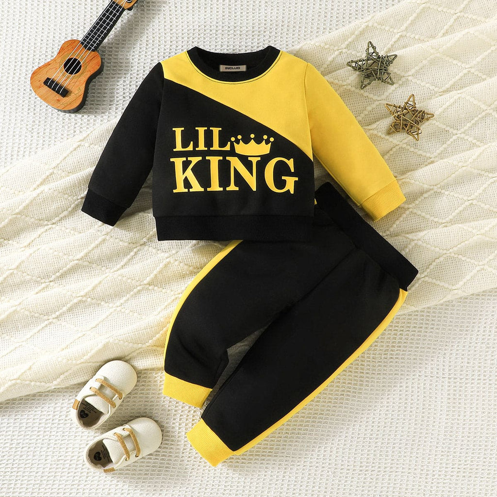 Boys Black Long Sleeve King Print Sweatshirt With Pants Set Sets Black 6-9 M 