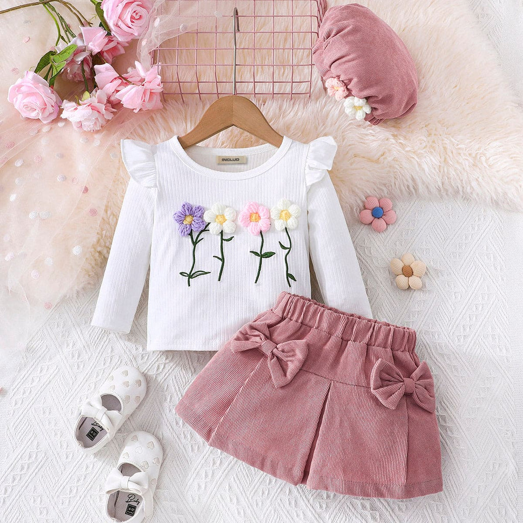 Girls Pink Embroidered Knitted Top with Corduroy Skirt Set Sets Pink 6-9 M 