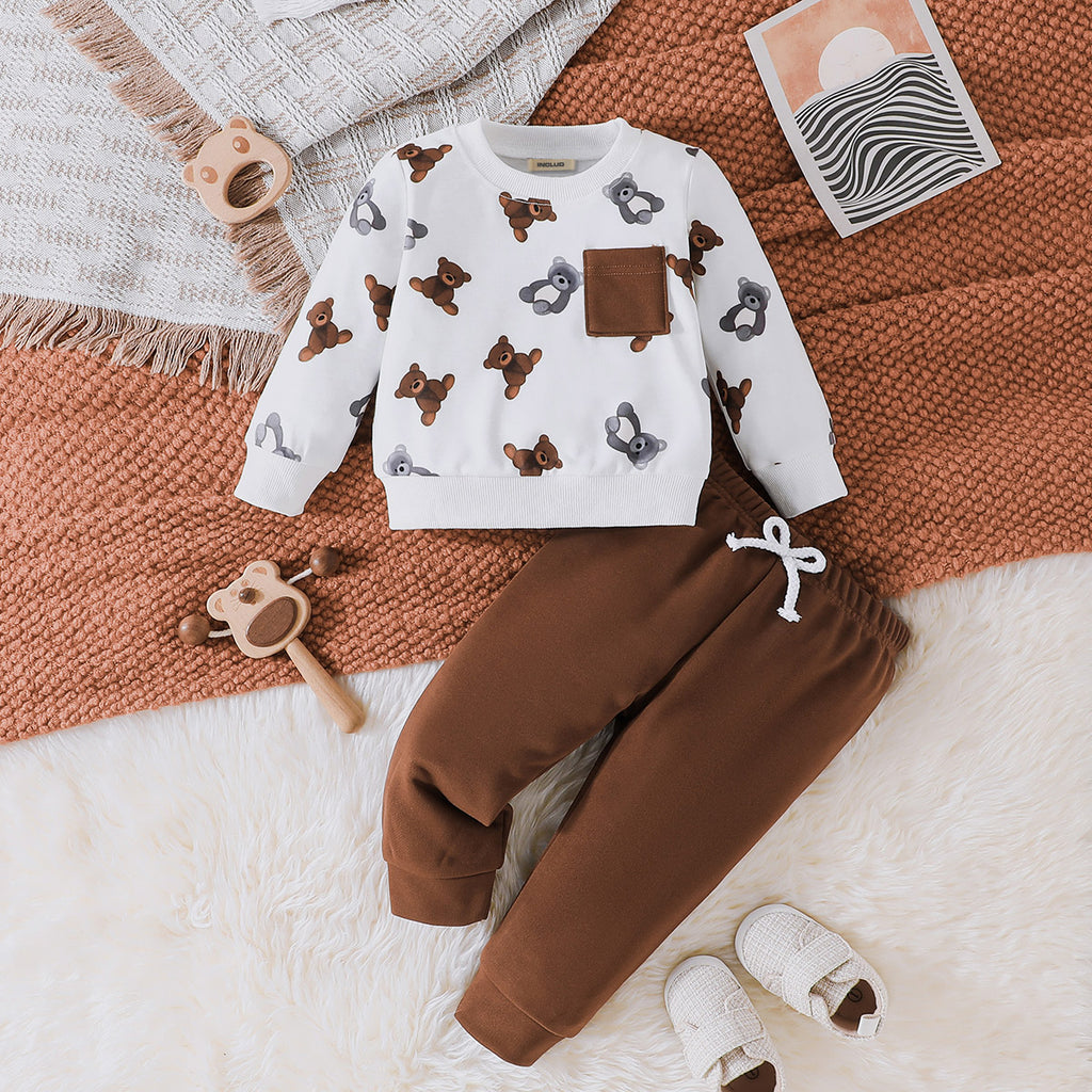 Boys Bear Print Long Sleeve Sweatshirt With Brown Pants Set Sets Brown 6-9 M 