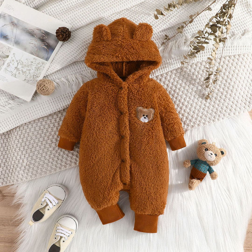 Girls Brown Full Sleeves Plush Hooded Onesie Jumpsuits Brown 0-3 M 