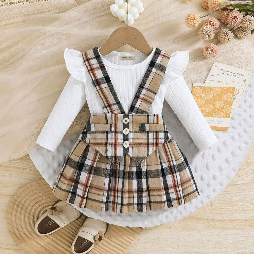 Girls Beige Checkered Print Dungaree Skirt with Full Sleeves Knitted Top Sets Beige 6-9 M 