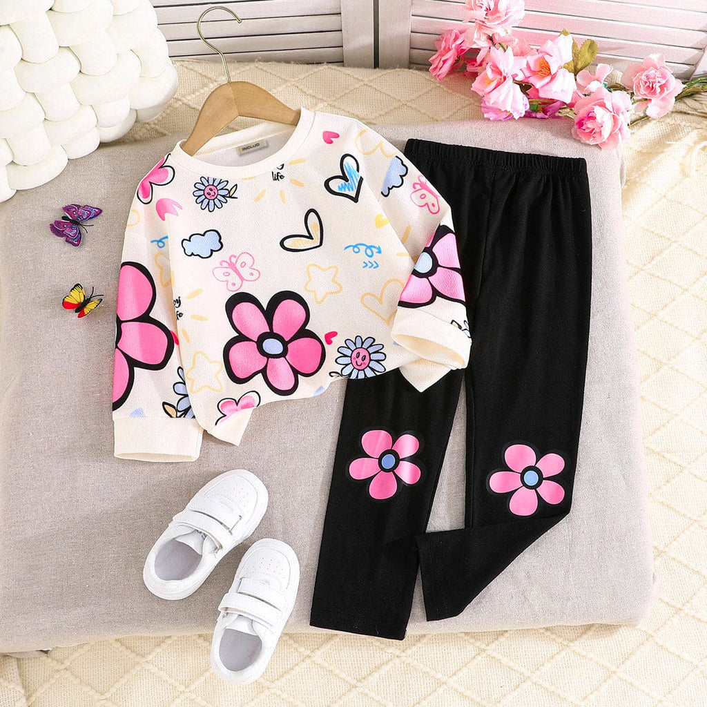 Girls Cream Flower Printed Top with Trousers Set Sets Cream 4-5 Y 