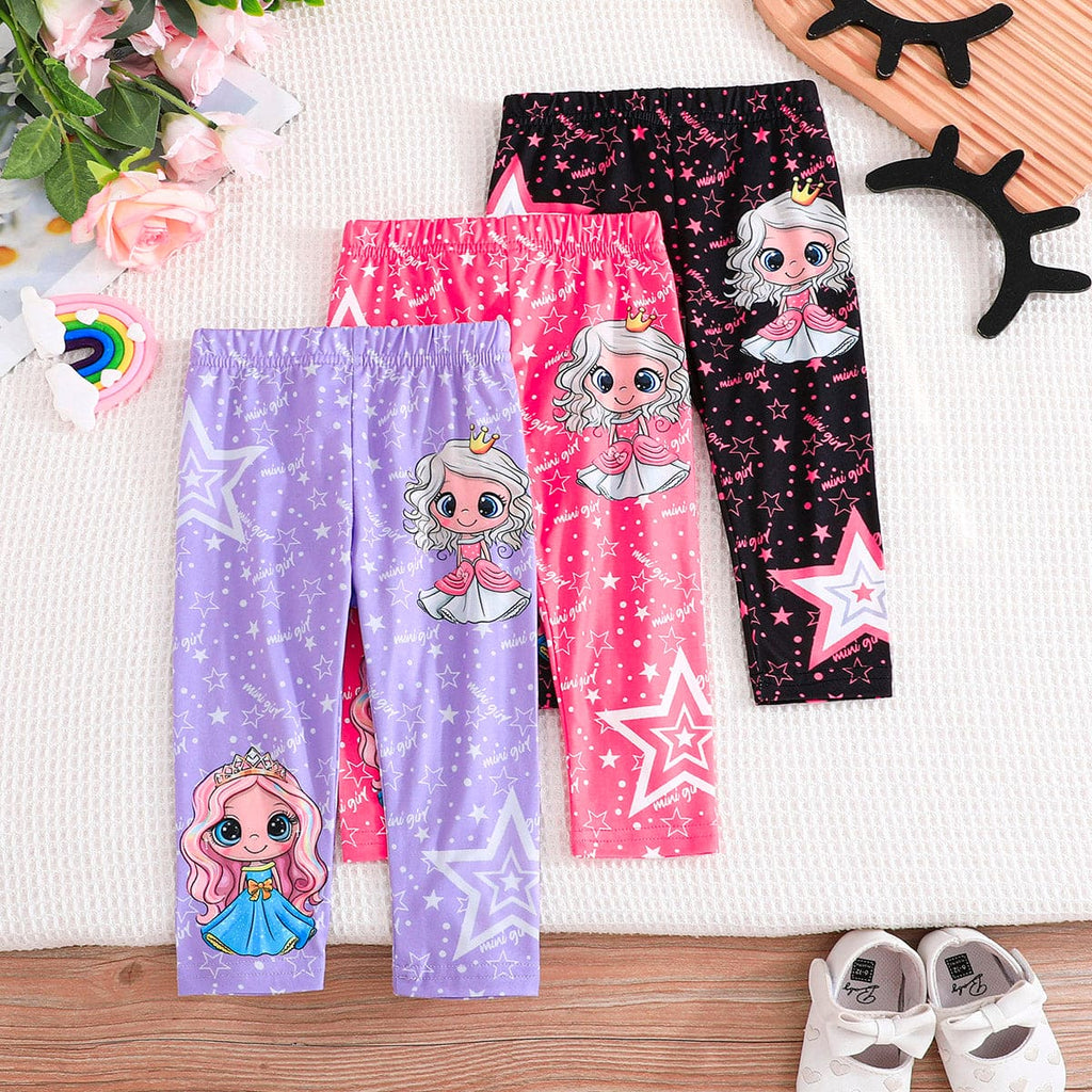 Girls Multicolor Cartoon Print Pants (Pack of 3) Pants Multicolor 6-9 M 