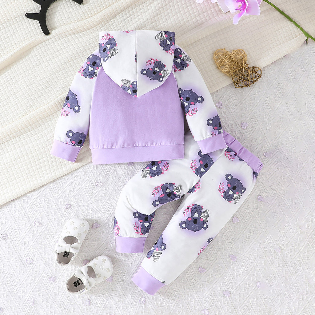 Girls Purple Cartoon Print Hooded Sweatshirt with Pants Set Sets Purple 6-9 M 