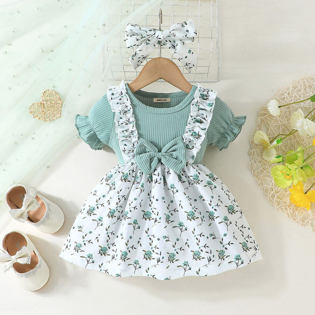 Girls Green Floral Print Short Sleeve Dress With Bow Casual Dresses Green 3-6 M 