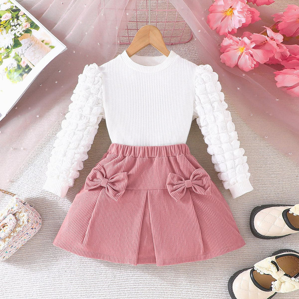 Girls White Ribbed Top with Pleated Corduroy Skirt Set Sets Pink 4-5 Y 