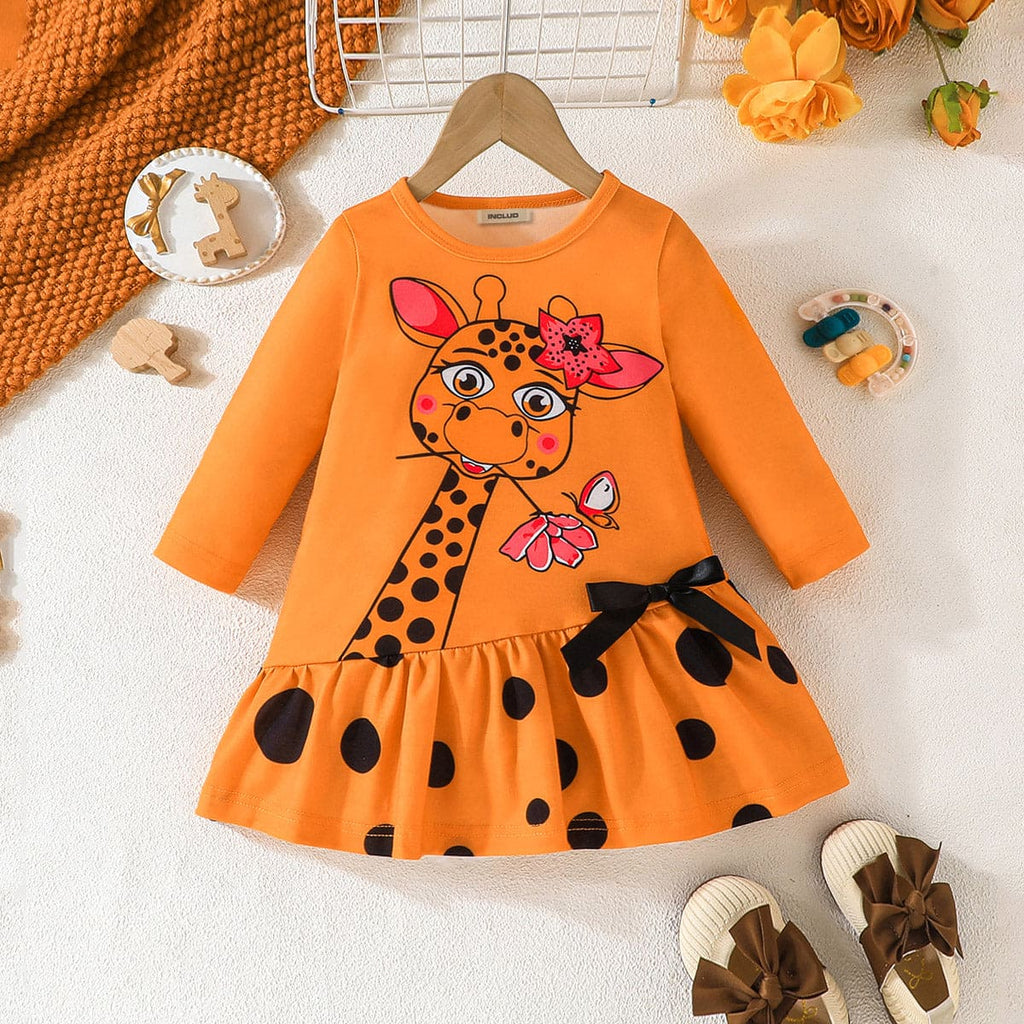 Girls Orange Giraffe Printed A-Line Dress Casual Dresses Orange 6-9 M 