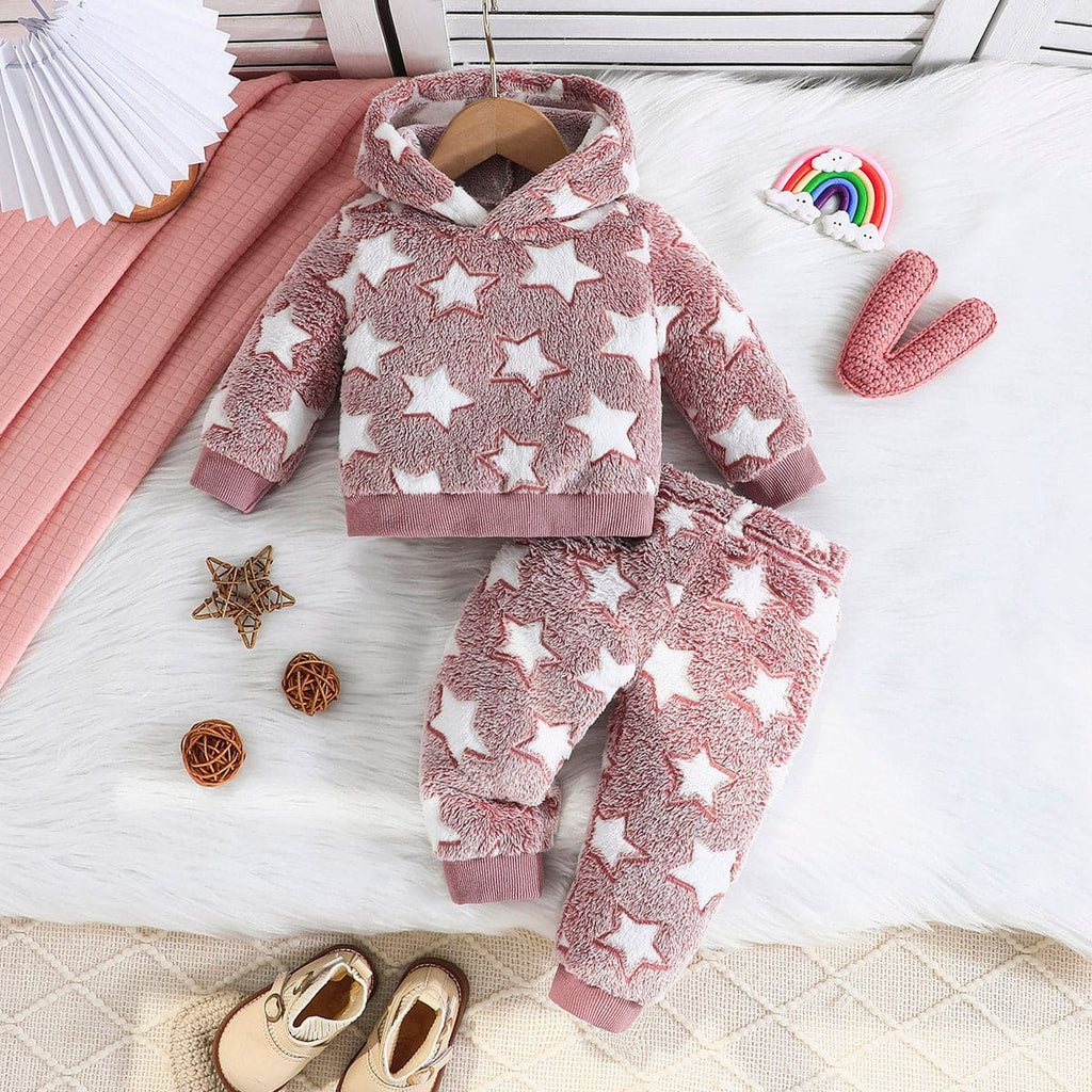 Boys Pink Star Hooded Sweatshirt With Pants Set Sets Pink 6-9 M 