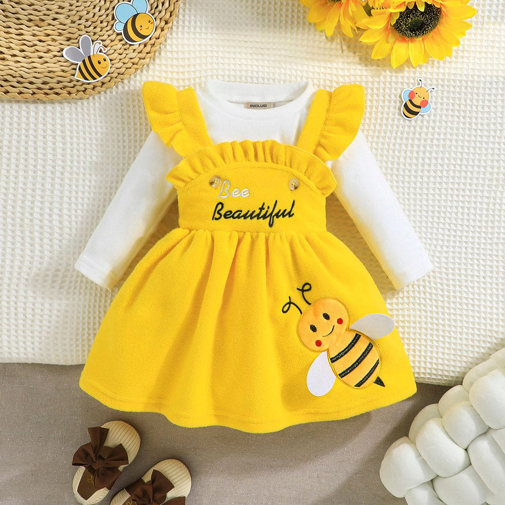 Girls Yellow Long Sleeve Honey Bee Embroidery Fit & Flare Dress Casual Dresses Yellow 6-9 M 