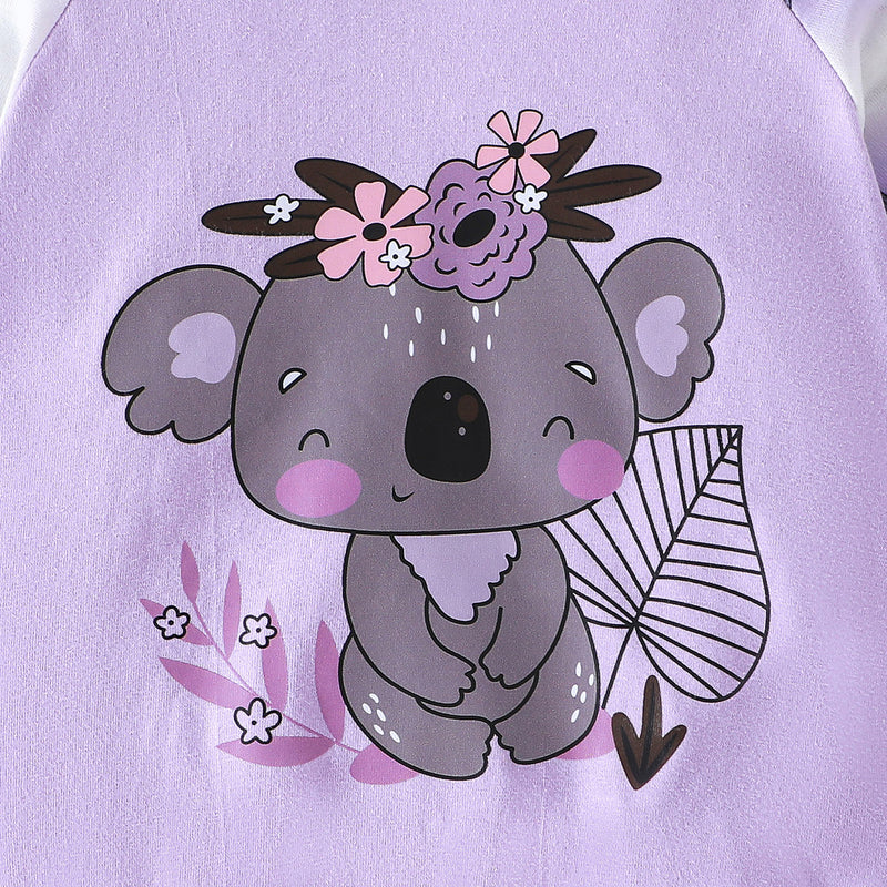 Girls Purple Cartoon Print Hooded Sweatshirt with Pants Set Sets   