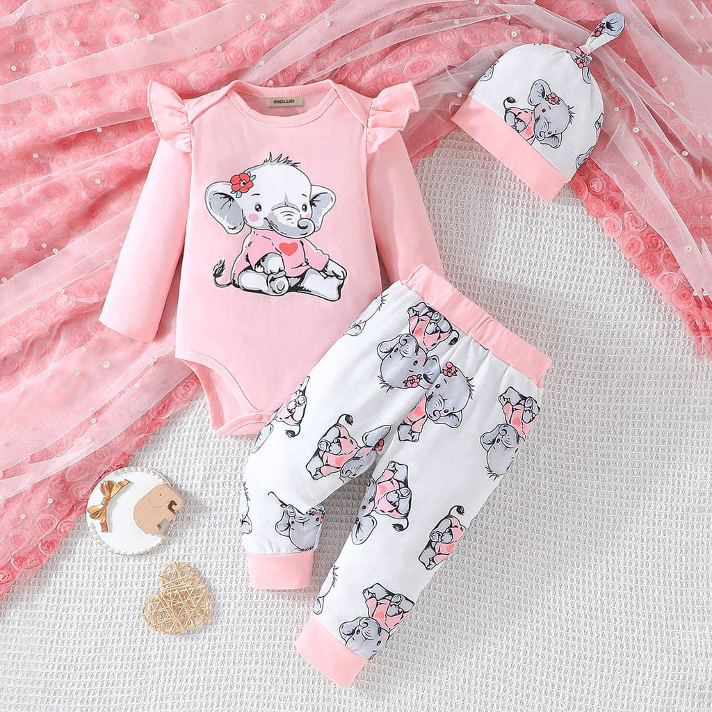 Girls Pink Elephant Print Bodysuit with Pants Set Sets Pink 0-3 M 