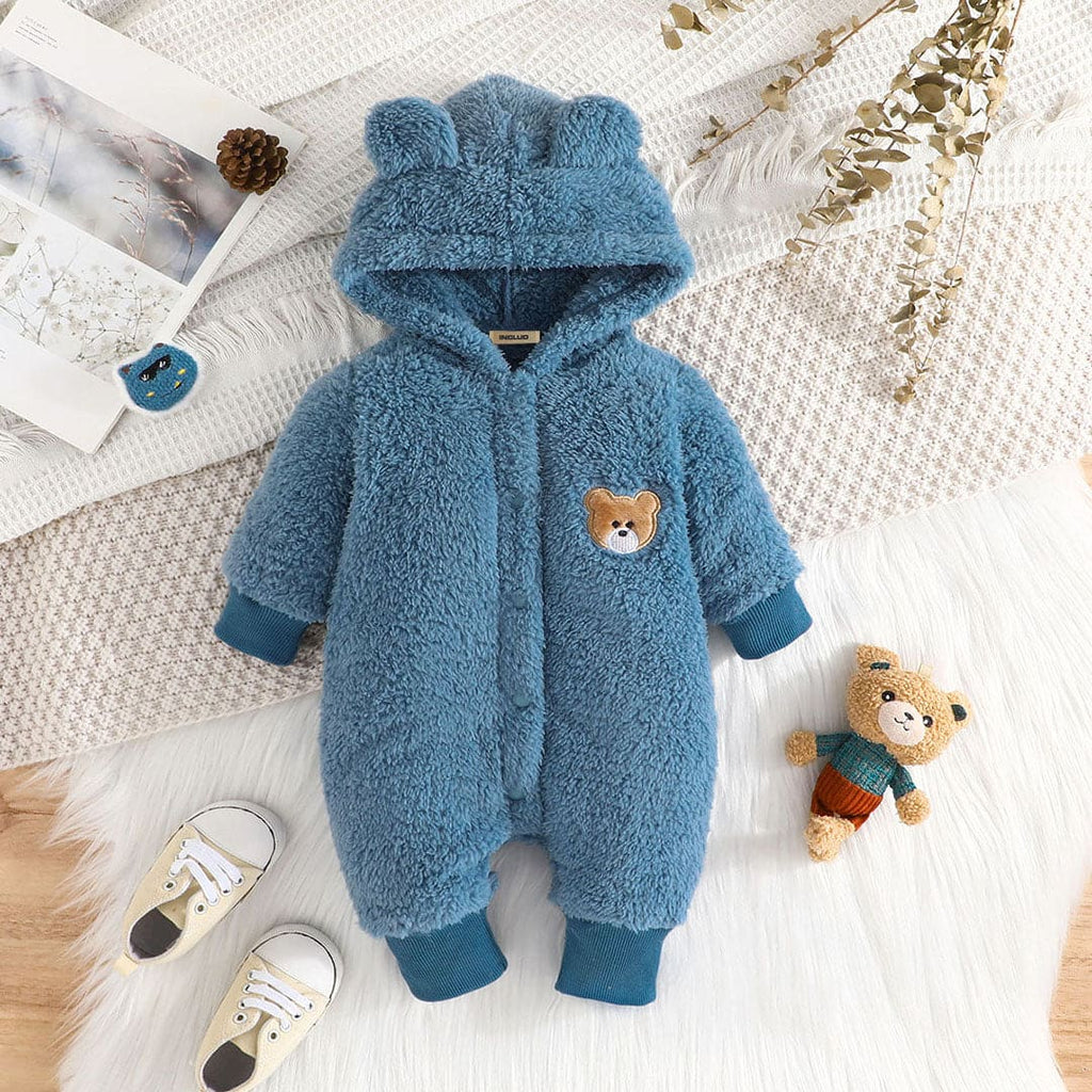 Boys Blue Hooded Full Sleeves Plush Onesie Jumpsuits Blue 0-3 M 