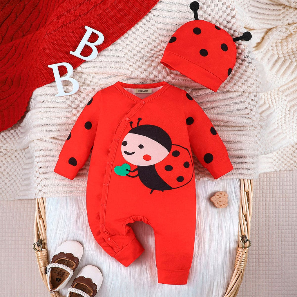 Girls Red Ladybird Printed Full Sleeves Jumpsuit Jumpsuits Red 0-3 M 