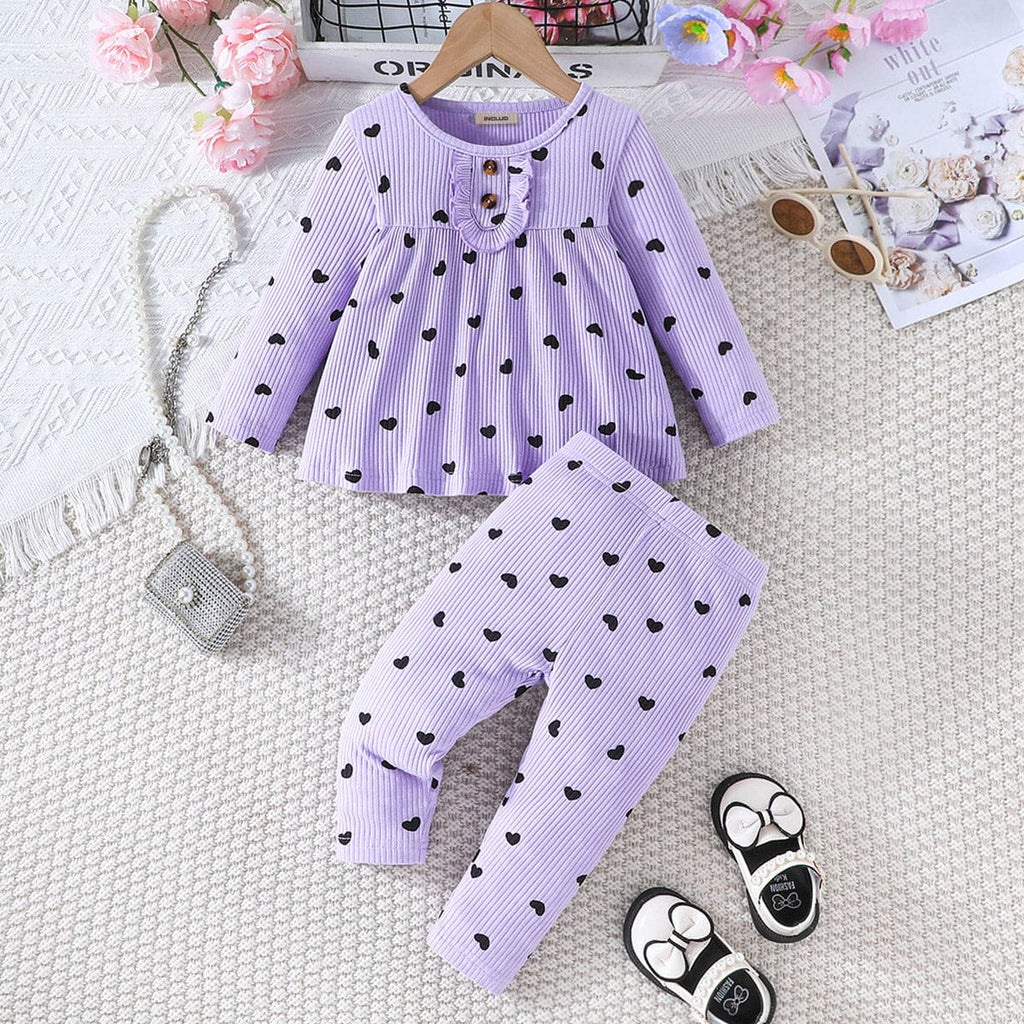 Girls Purple Heart Print Full Sleeves Flared Top with Leggings Set Sets Purple 6-9 M 