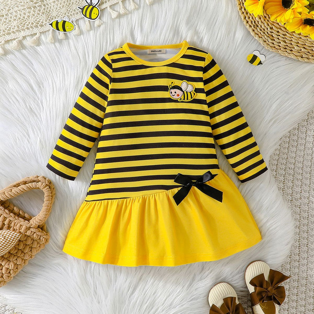 Girls Yellow Honey Bee Striped A-Line Dress Casual Dresses Yellow 6-9 M 