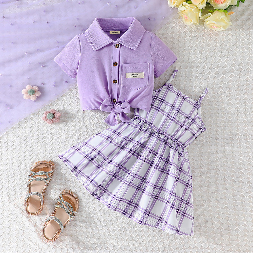 Girls Purple Checkered Print Shoulder Straps Casual Dress with Shrug Casual Dresses Purple 1-2 Y 