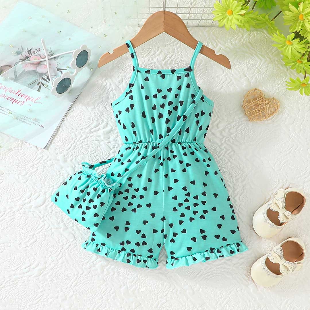 Girls Green Heart Print Sleeveless Jumpsuit Jumpsuits   
