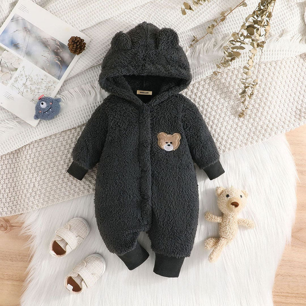 Boys Black Full Sleeves Hooded Plush Onesie Jumpsuits Black 0-3 M 