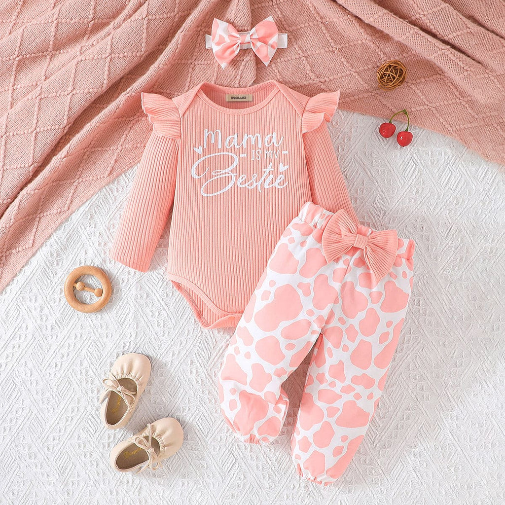 Girls Peach Printed Full Sleeves Bodysuit with Pants Set Sets Peach 0-3 M 