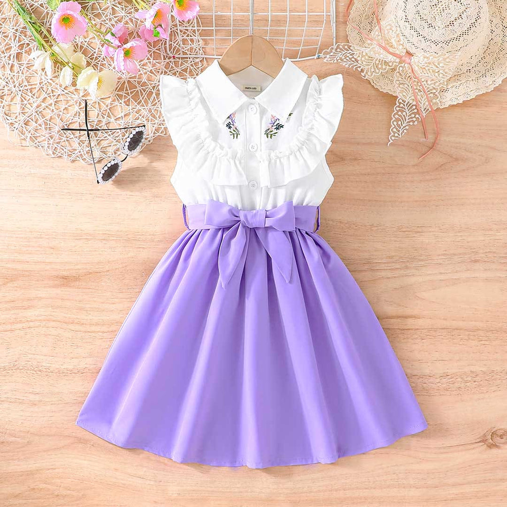 Girls Purple Shirt Collar Embroidered Fit & Flare Dress Casual Dresses Purple 1-2 Y 