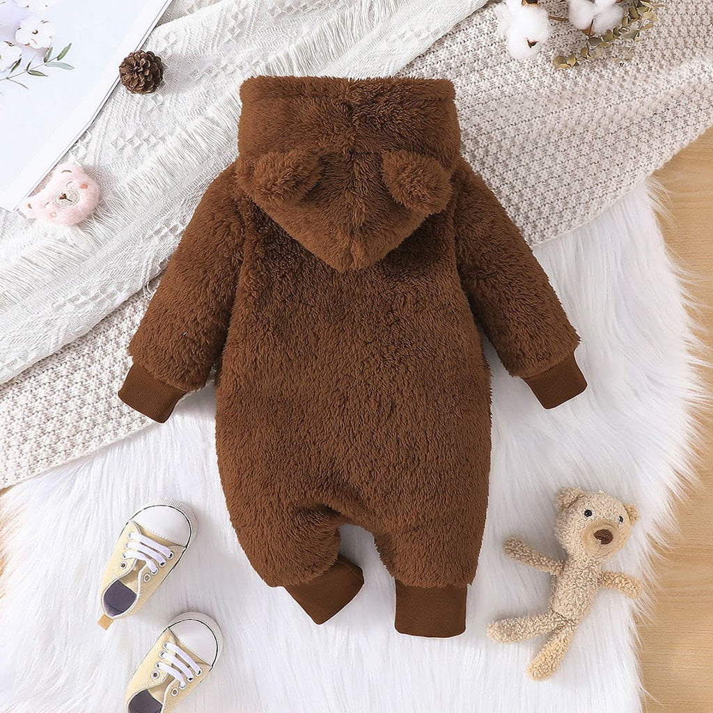 Boys Brown Full Sleeves Plush Hooded Onesie Jumpsuits Brown 0-3 M 