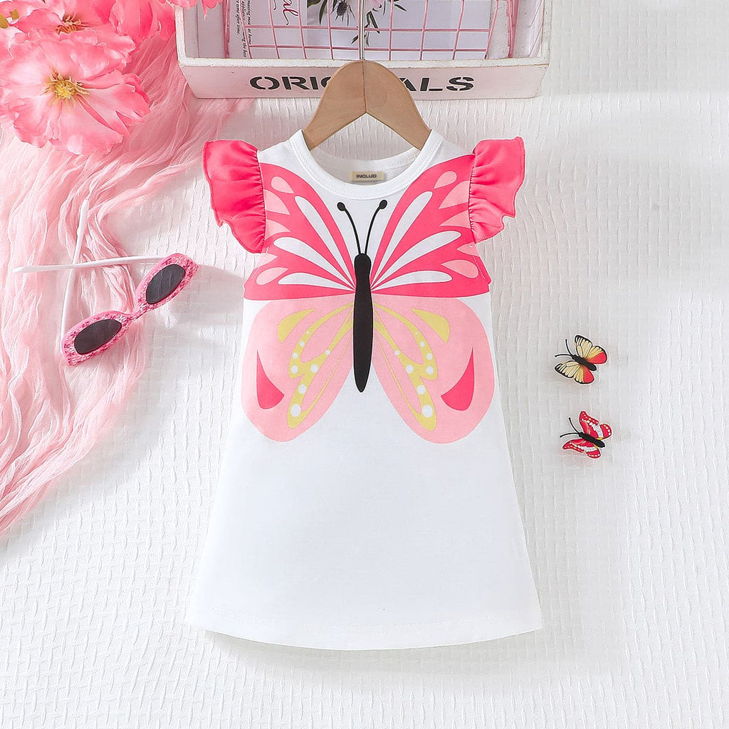 Girls White Butterfly Print Flared Sleeve A-Line Dress Casual Dresses White 6-9 M 