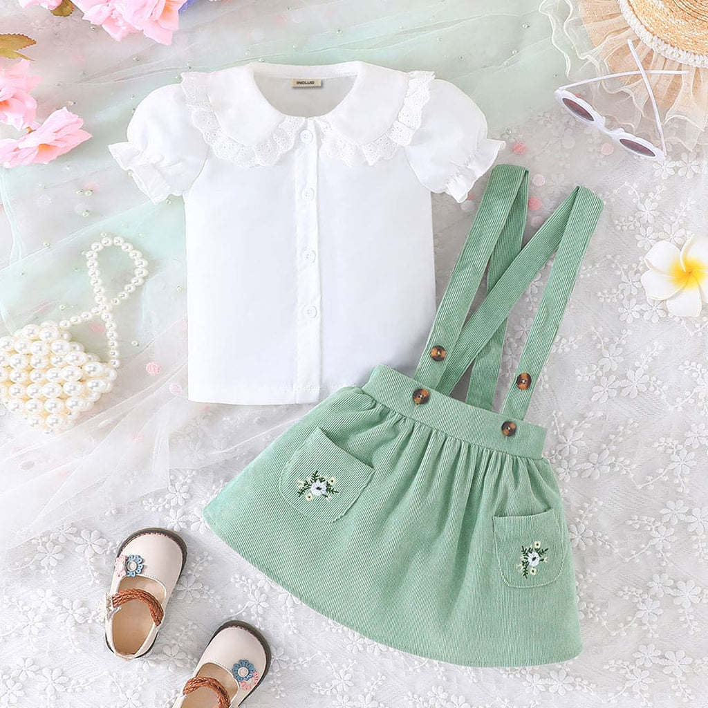 Girls White Puff Sleeves Shirt with Suspender Skirt Set Sets Green 3-6 M 