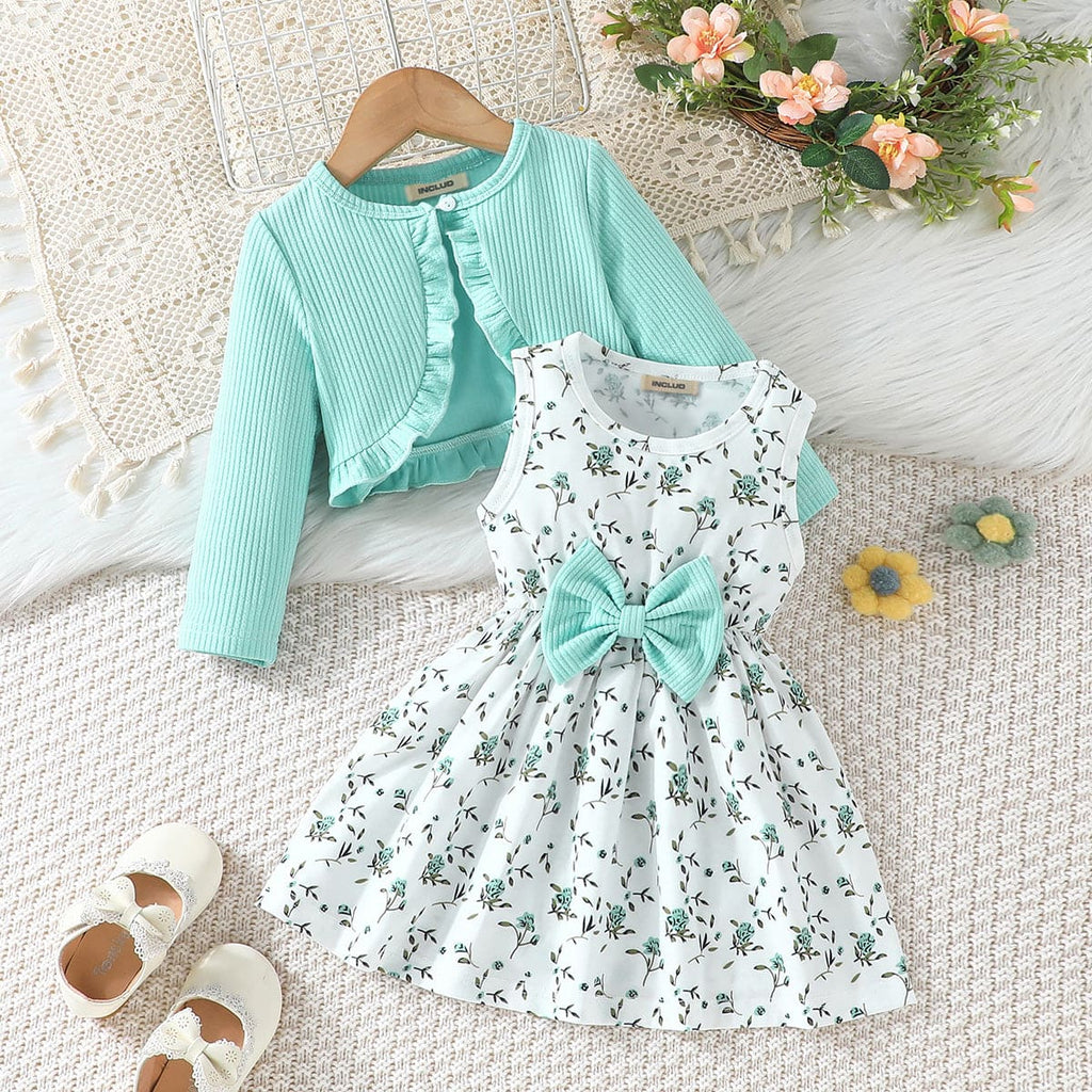 Girls Green Long Sleeve Knitted Top With Floral Printed Dress Casual Dresses Green 6-9 M 