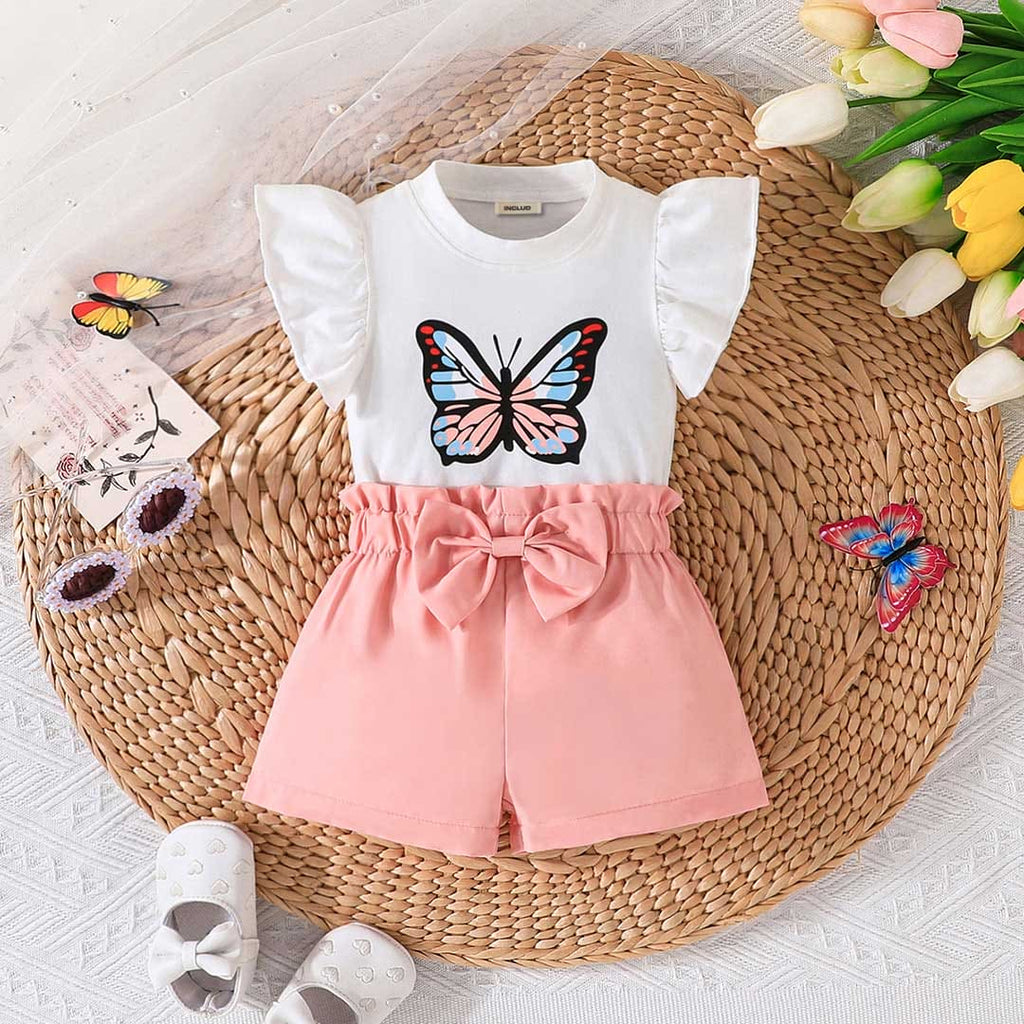 Girls White Butterfly Print Flared Sleeves Top with Shorts Set Sets Pink 6-9 M 