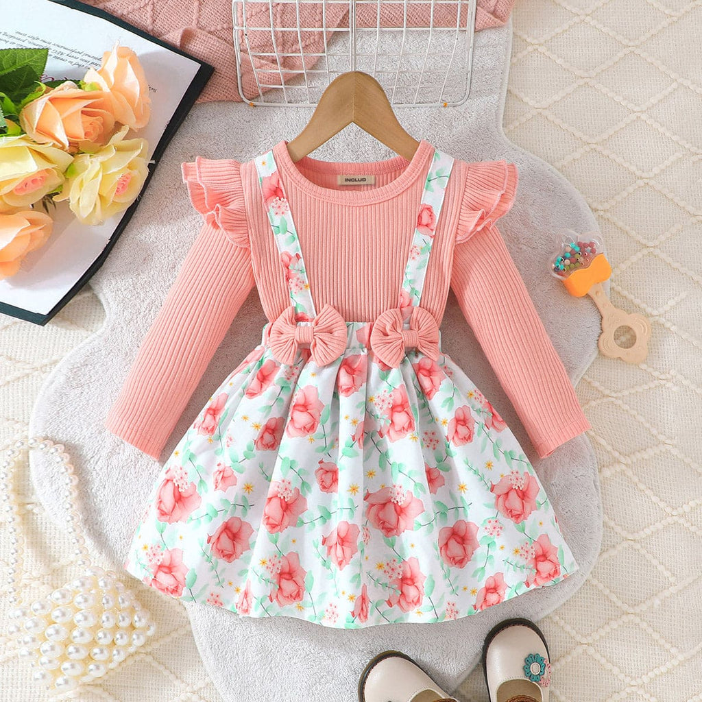 Girls Pink Floral Print Long Sleeve Dress With Bow Casual Dresses Pink 6-9 M 