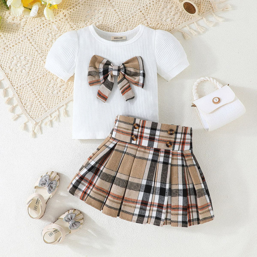 Girls Short Sleeve Top With Bow And Khaki Checked Skirt Set Sets Khaki 3-6 M 