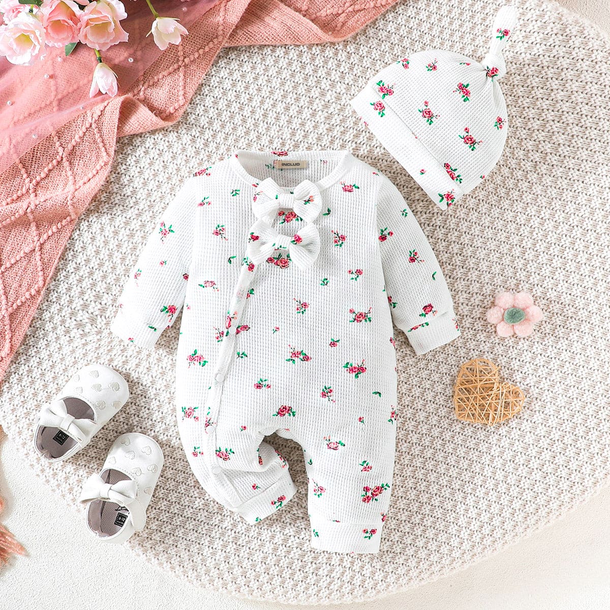 Girls White Floral Print Full Sleeves Jumpsuit Jumpsuits White 0-3 M 