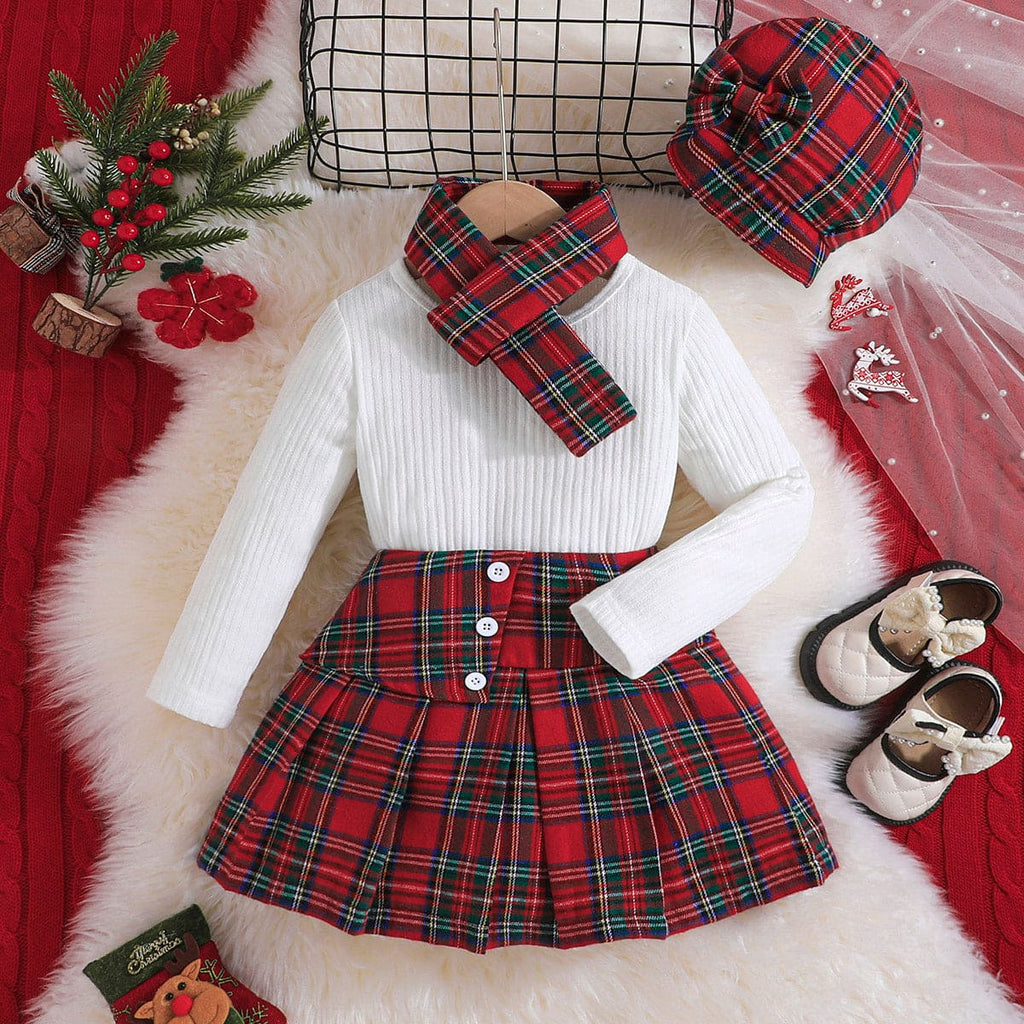 Girls White Full Sleeves Top with Christmas Plaid Skirt & Muffler Set Sets Red 4-5 Y 