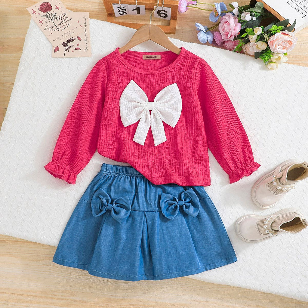 Girls Fuchsia Seersucker Bow Top with Pleated Skirt Set Sets Fuchsia 4-5 Y 