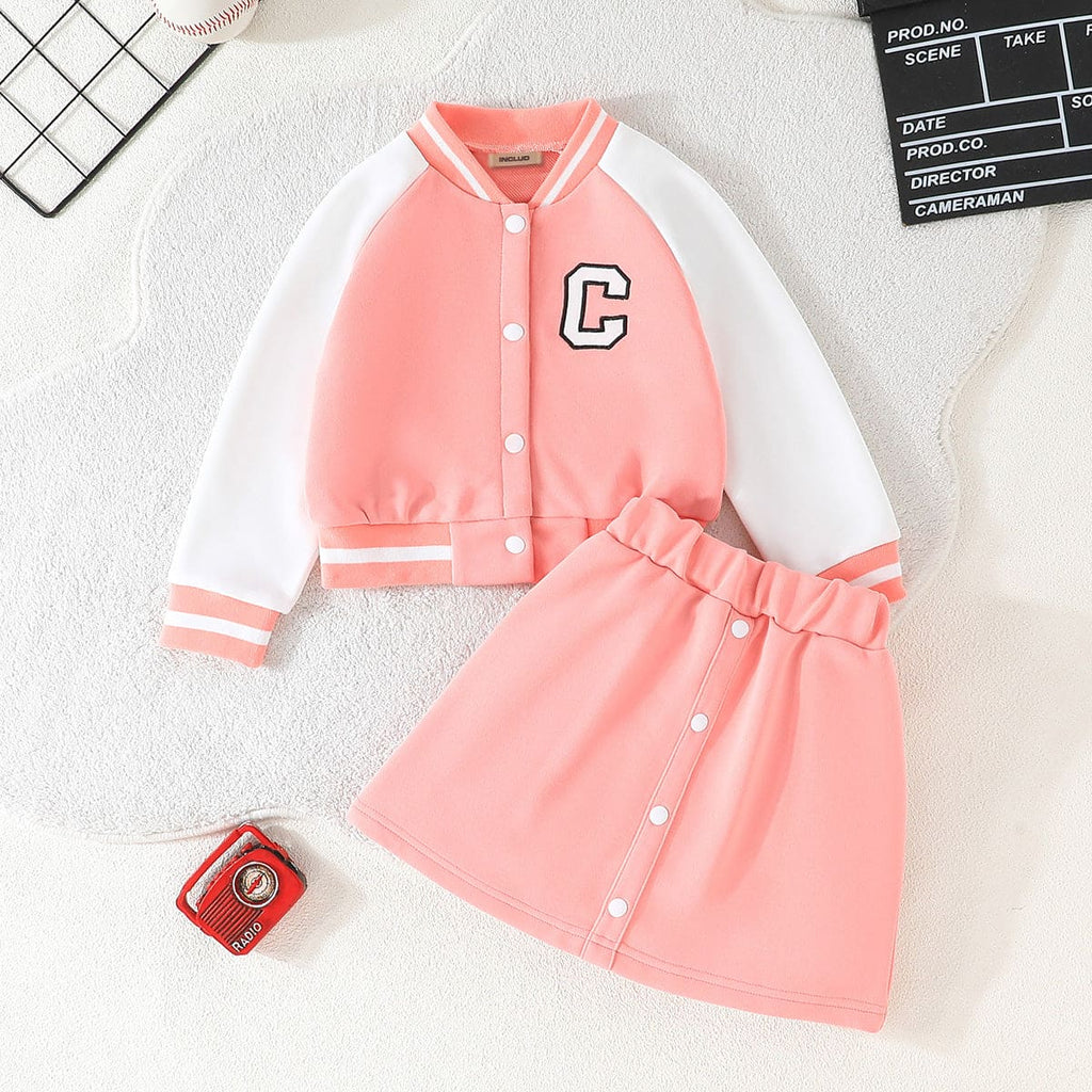 Girls Peach Varsity Jacket with Skirt Set Sets Peach 4-5 Y 