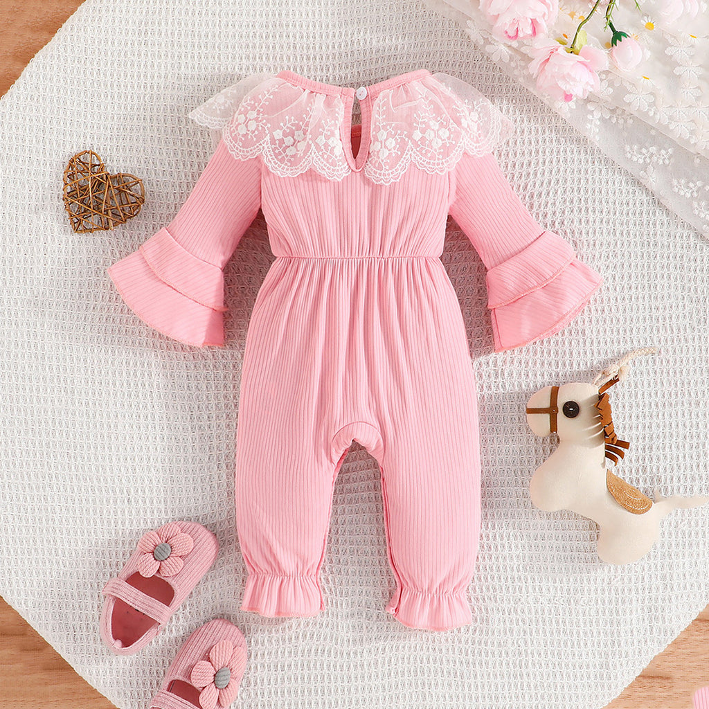 Girls Infant Pink Lace Embroidered Full Sleeves Playsuit Jumpsuits Pink 0-3 M 