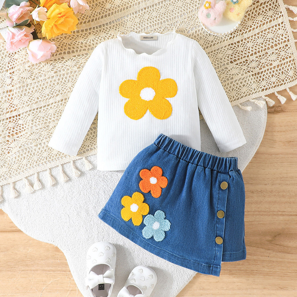 Girls White Flower Patchwork Full Sleeves Top with Denim Skirt Set Sets White 6-9 M 